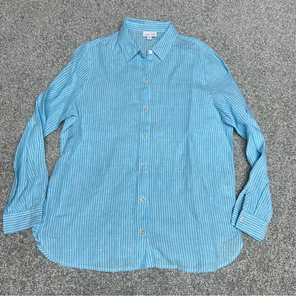 J.Jill Shirt Womens Small Love Linen Blue Stripe Button Up Coastal Beach Casual - Picture 1 of 6